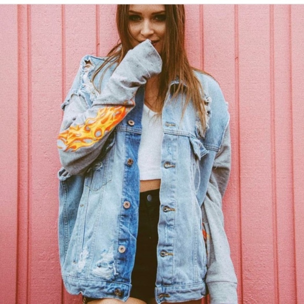 NWT LF Carmar Flames Distressed Denim Jacket - Picture 1 of 6